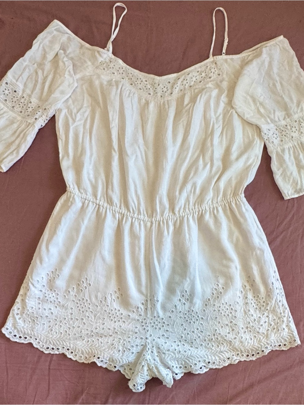 American Eagle Outfitters White Eyelet Off-Shoulder Romper